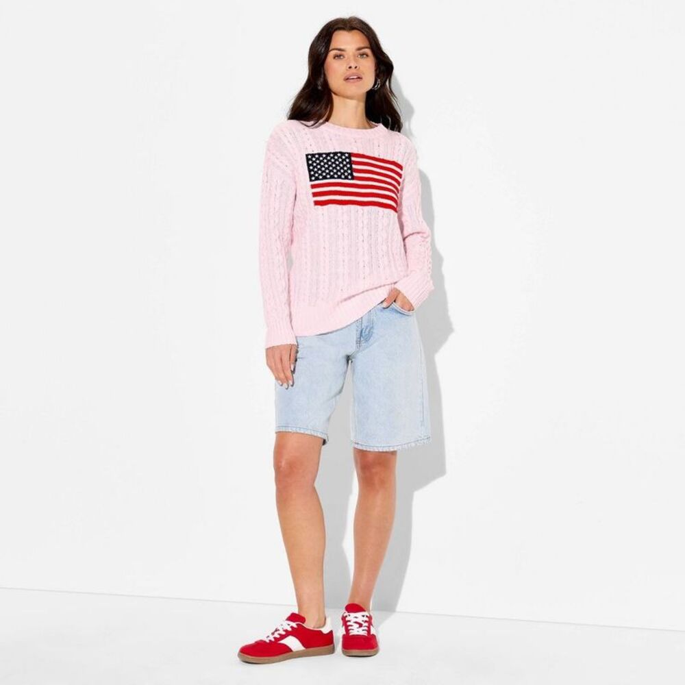 Women's Crewneck American Flag Pullover Sweater - Wild Fable Light Pink Flags L